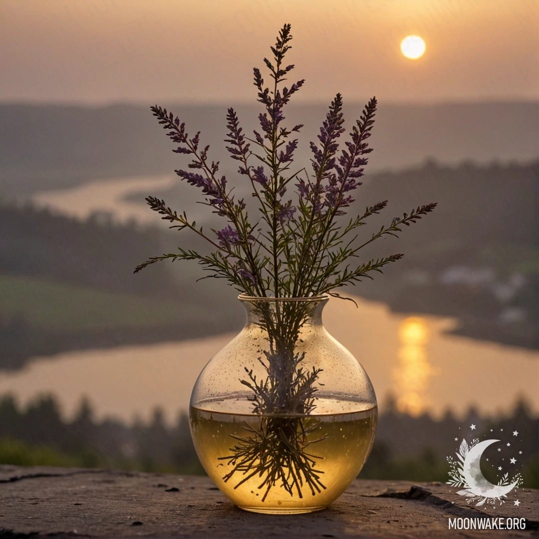 Золотая ваза с вереском, туманный фон, дождь на закате.