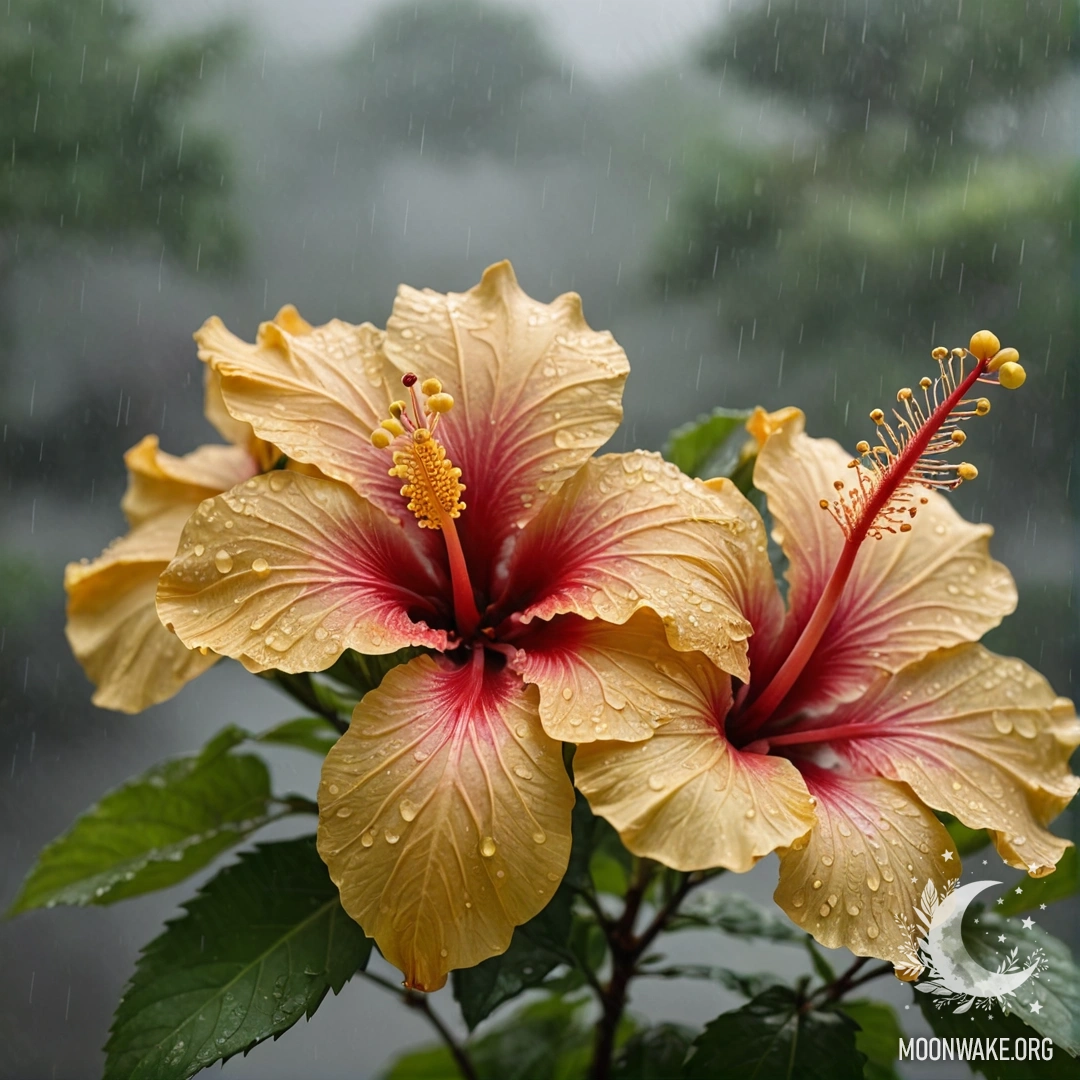 Букет золотых цветов гибискуса в тумане под дождем.
