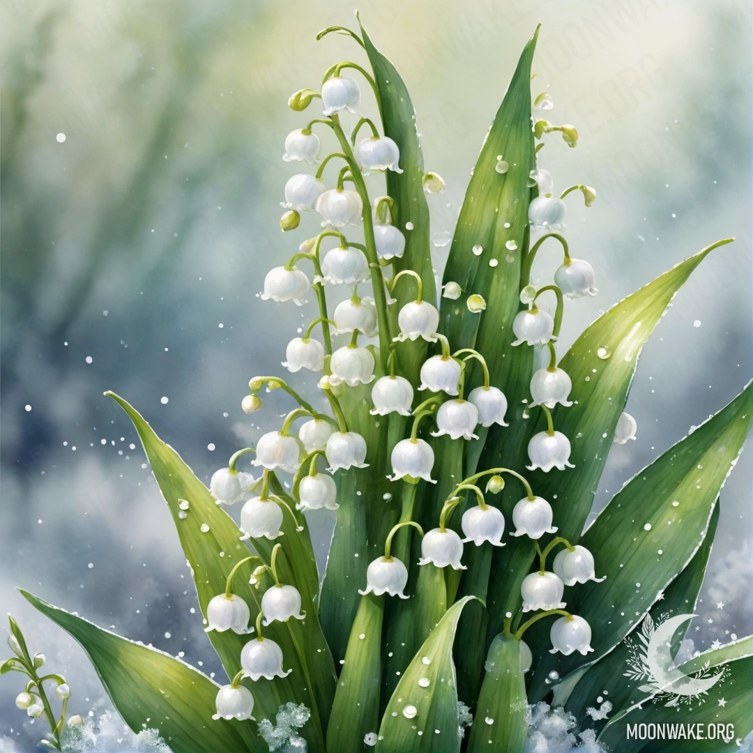 Акварельная картина с золотым букетом лилии долины на морозе.