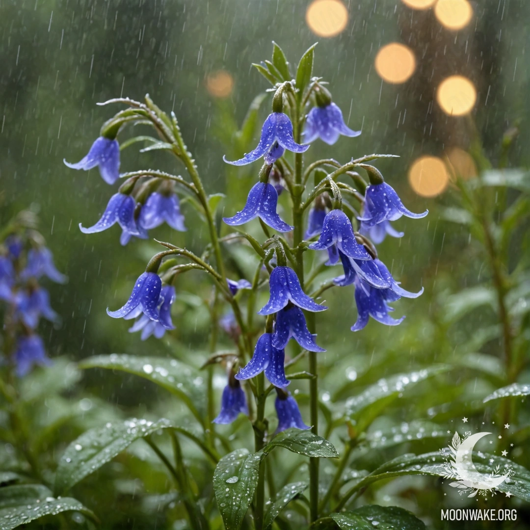 Нежная золотая лобелия, окружённая туманом и лёгким дождём.