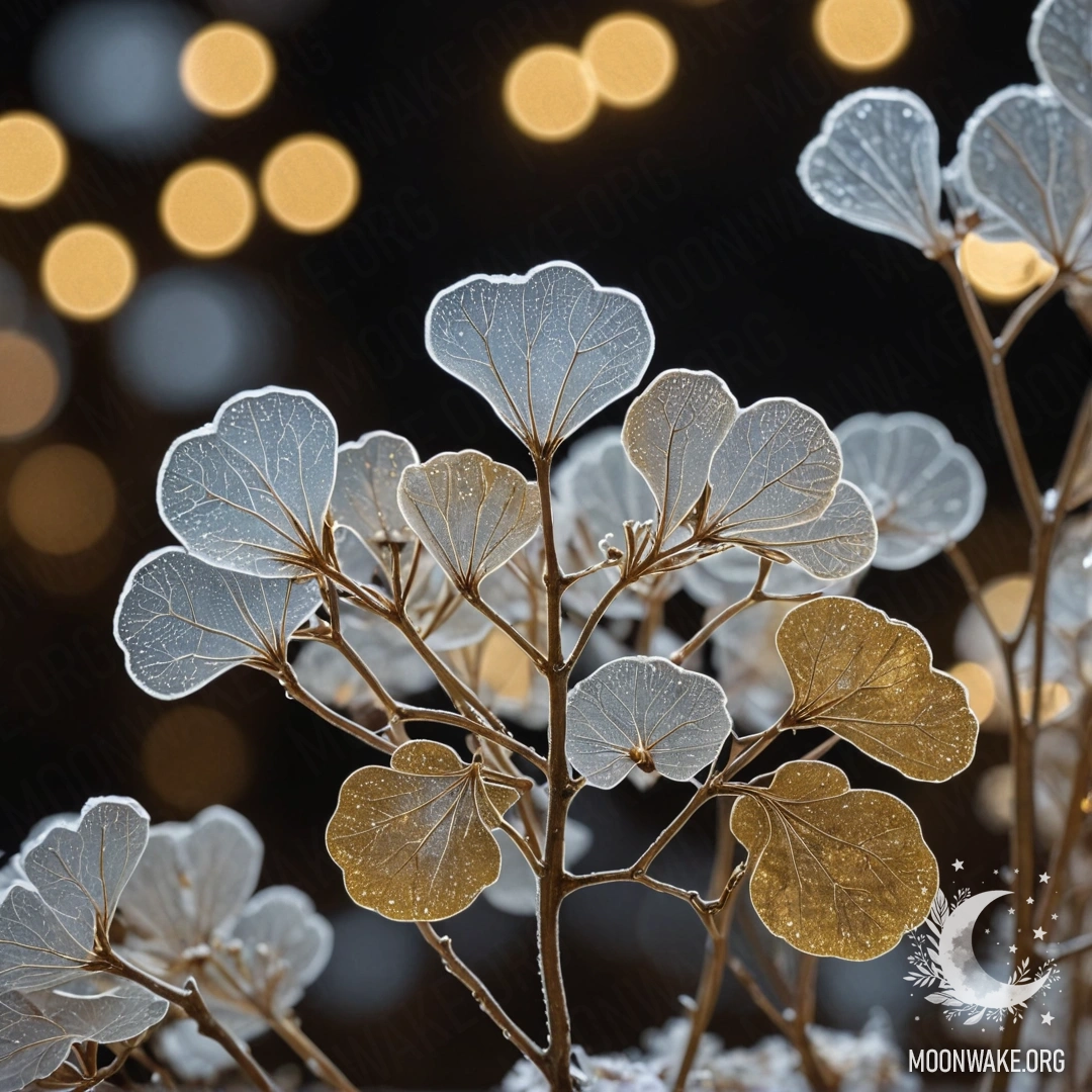 Красивая лунария, покрытая инеем, сверкающая золотыми стразами под ночным небом.