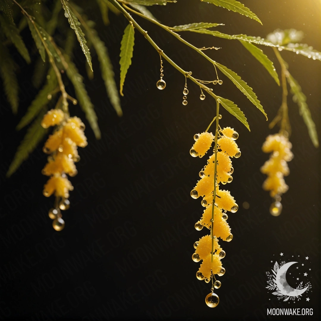 Крупный план золотой мимозы, украшенной каплями росы ночи и блестящими стразами.