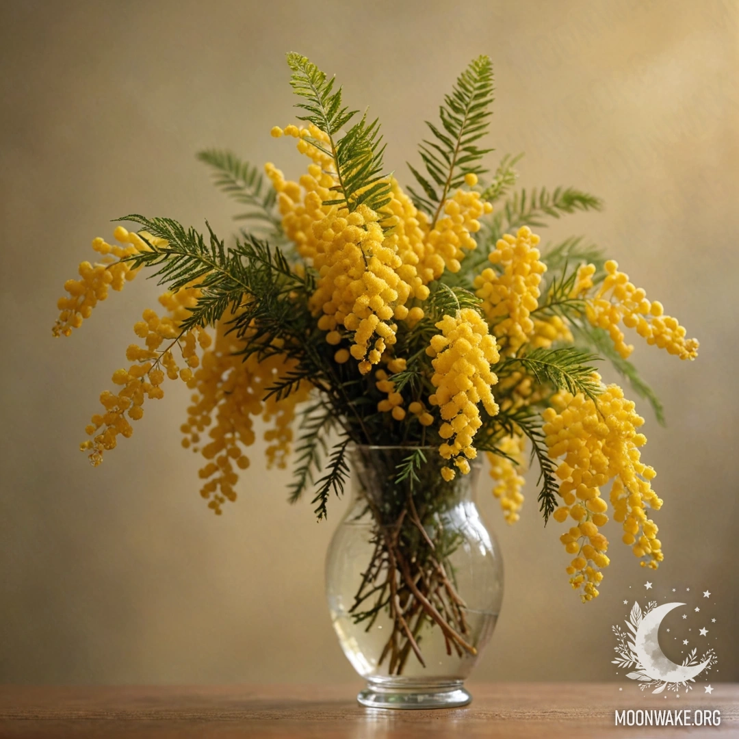 Золотая композиция из мимозы в туманной атмосфере.