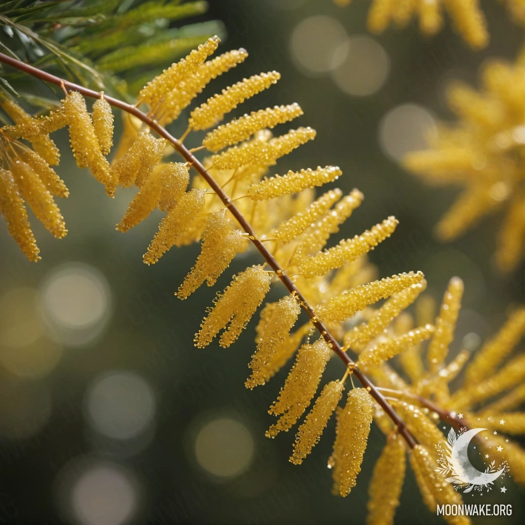 Спокойное изображение золотой мимозы, украшенной блестками.