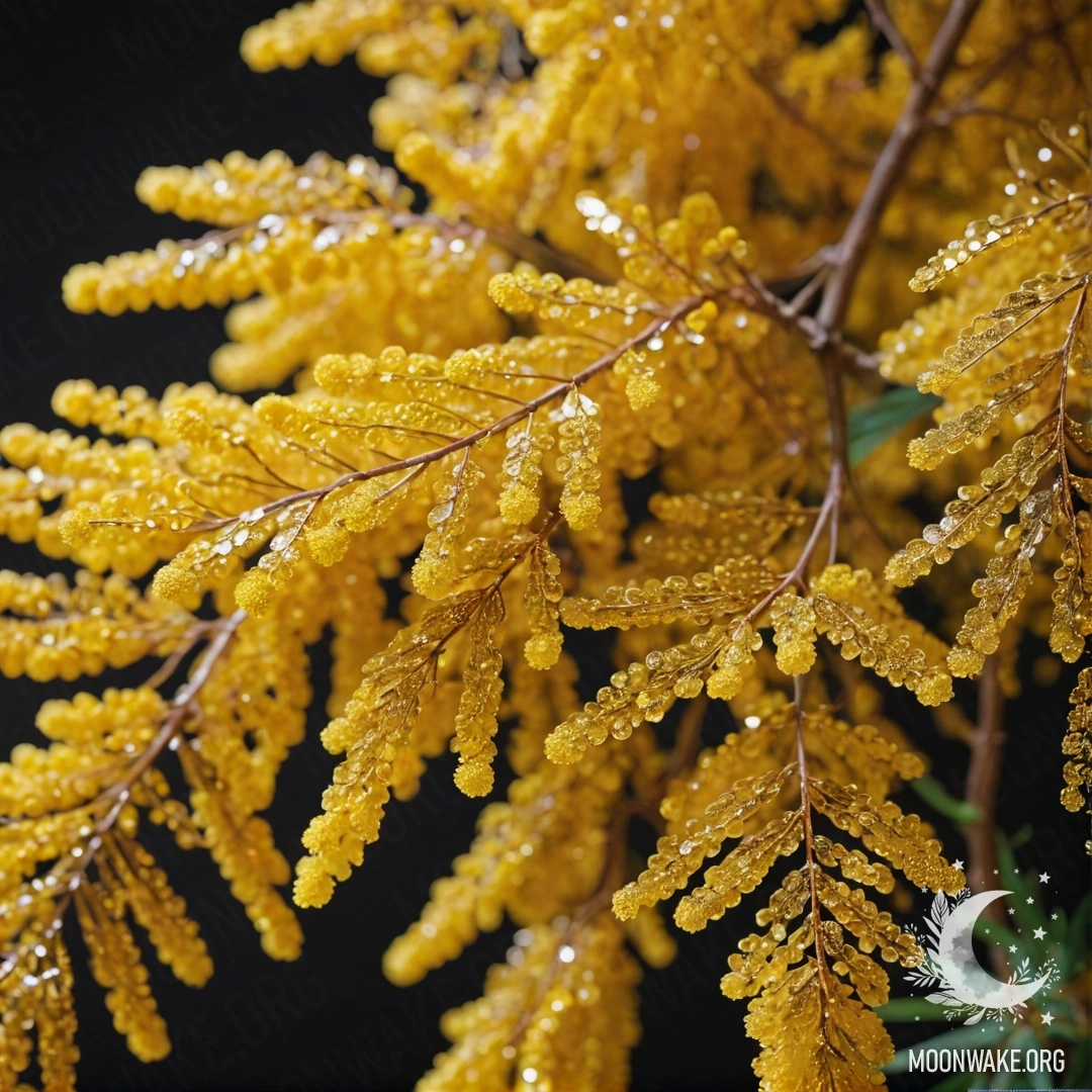 Изящно оформленная золотая мимоза, украшенная пайетками.