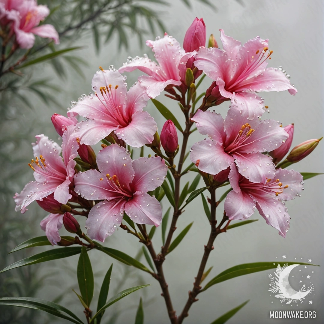 Нежный золотой олеандр, окутанный мягким туманом, сверкающий стразами.