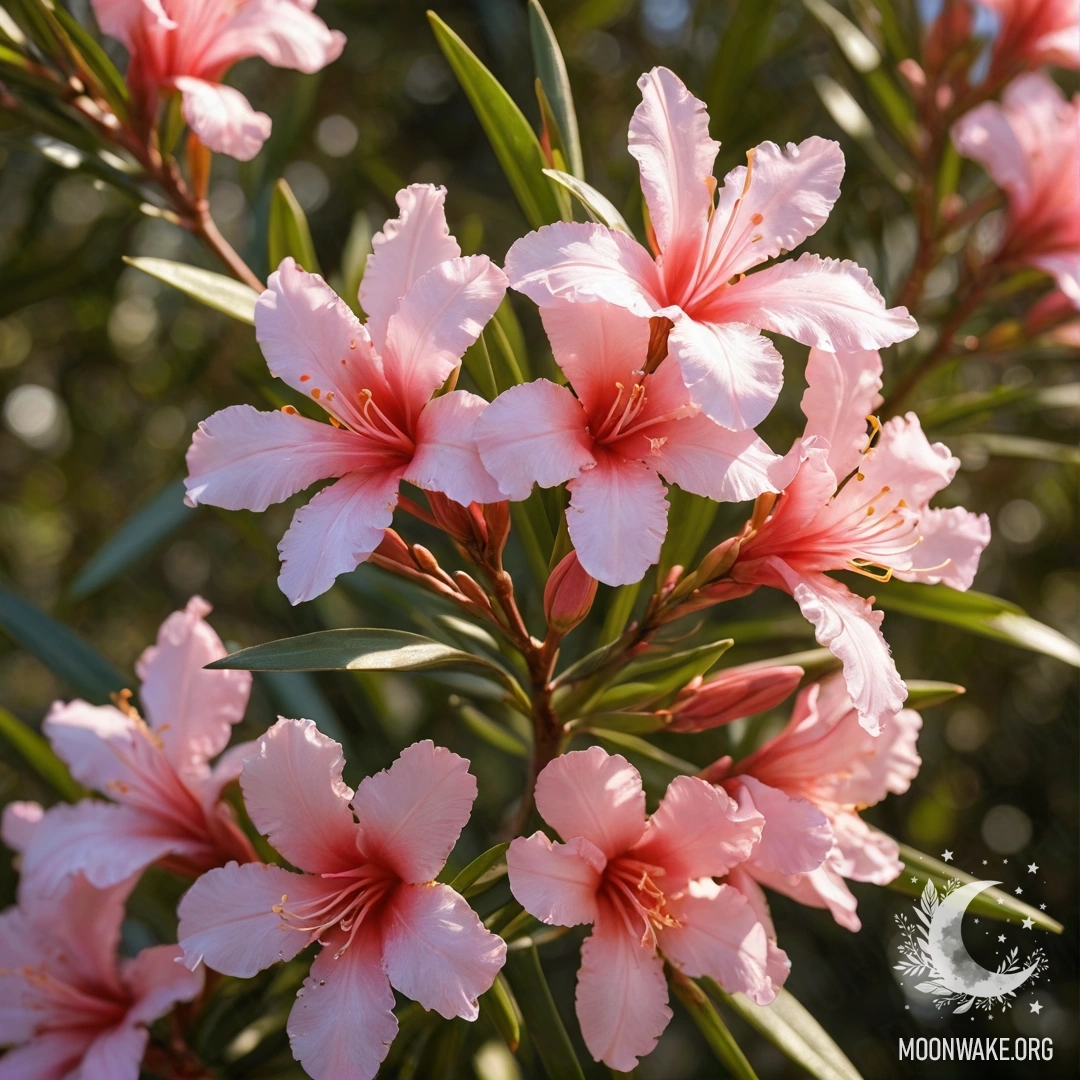 Красивый олеандр, изображенный в золотых тонах, освещенный солнечными лучами.