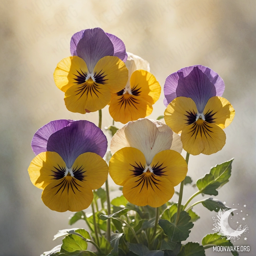 Букет золотых фиалок, окруженных туманом и солнечными лучами.