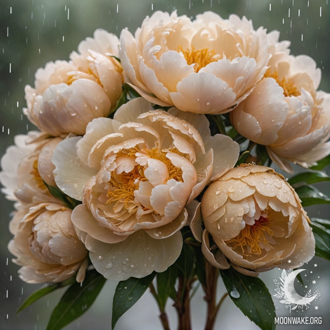 Золотой букет пионов, промокший под дождем, передающий суть красоты.