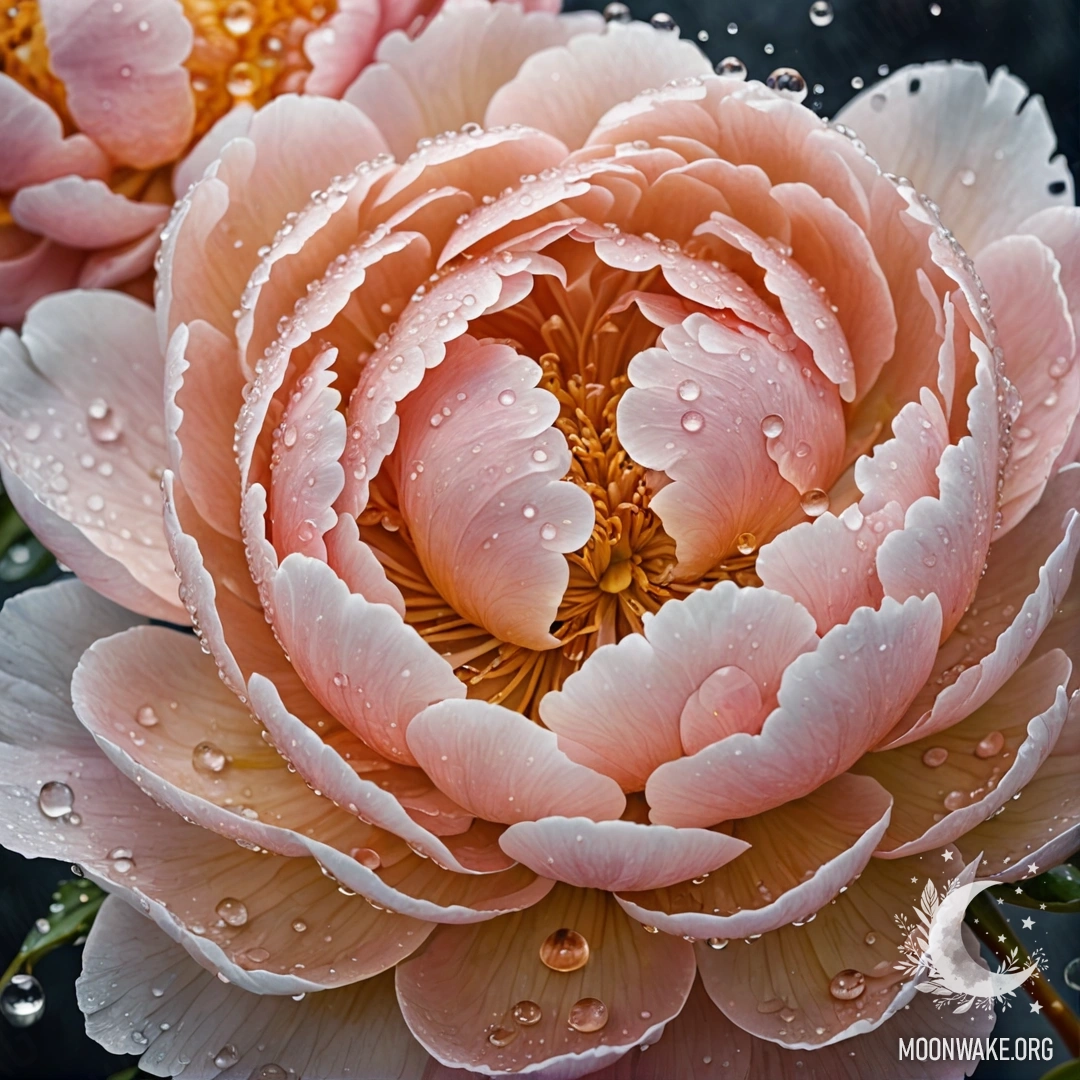 Золотой пион, украшенный каплями росы и сверкающими стразами, изображенный в минималистичном акварельном стиле.