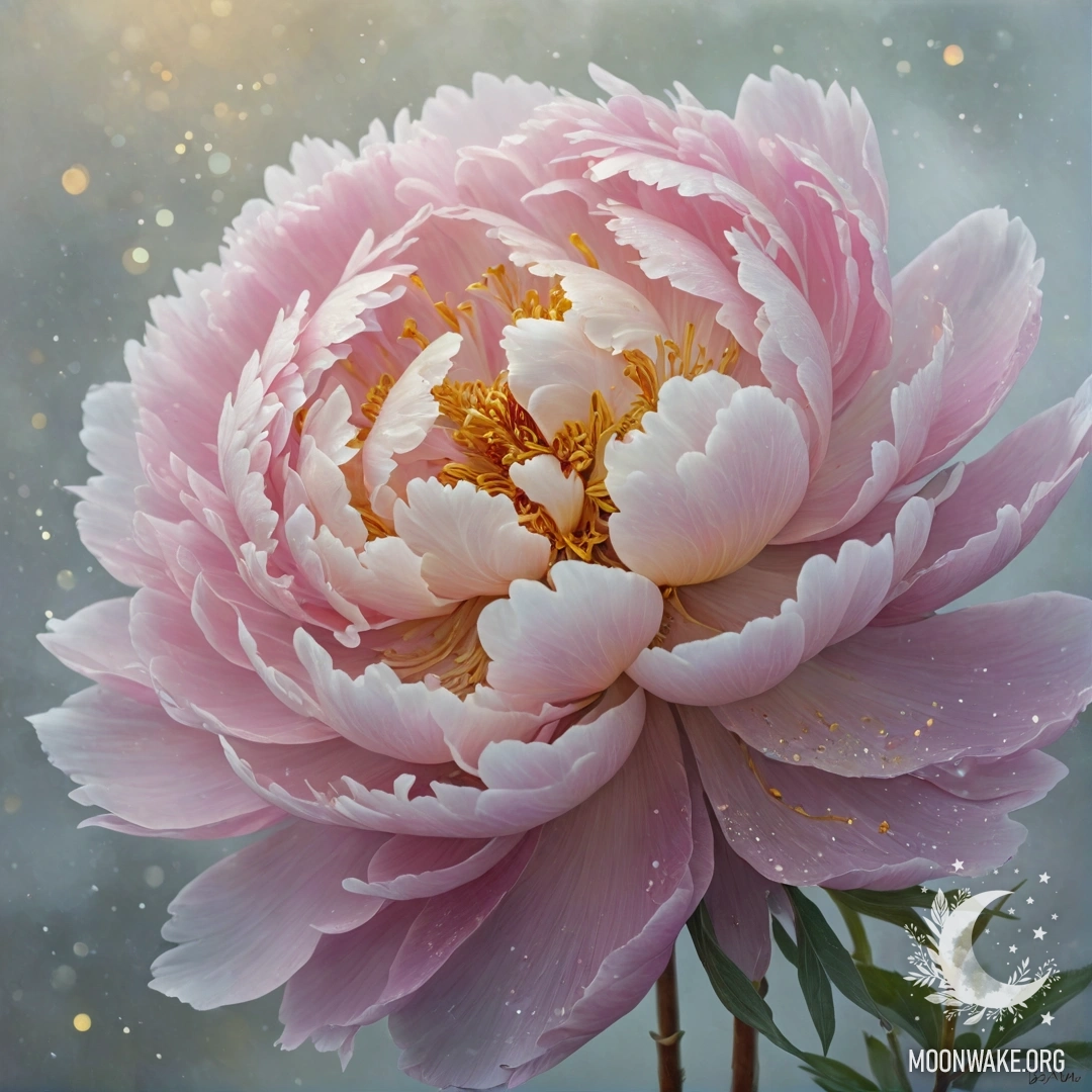 Золотой пион, окружённый туманом и сверкающими частицами света.