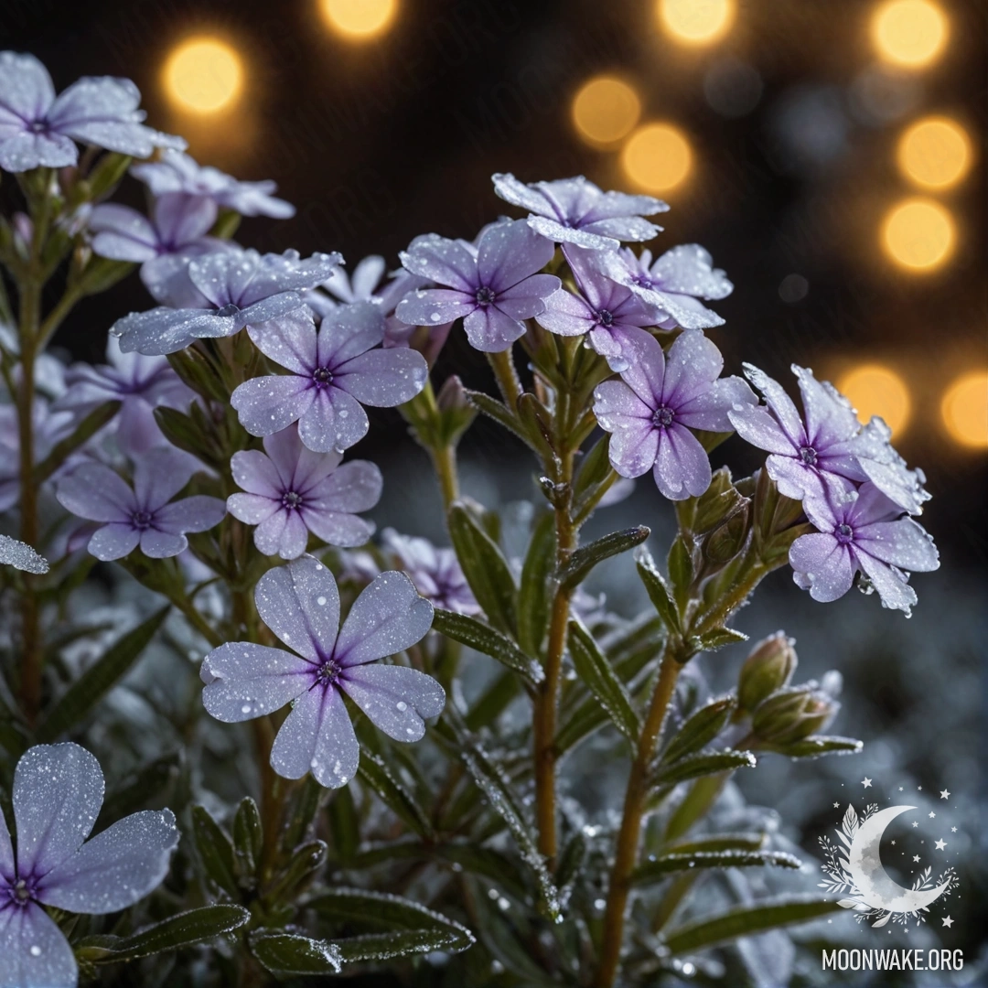 Спокойный пейзаж с золотым флоксом, покрытым морозом на ночном фоне.