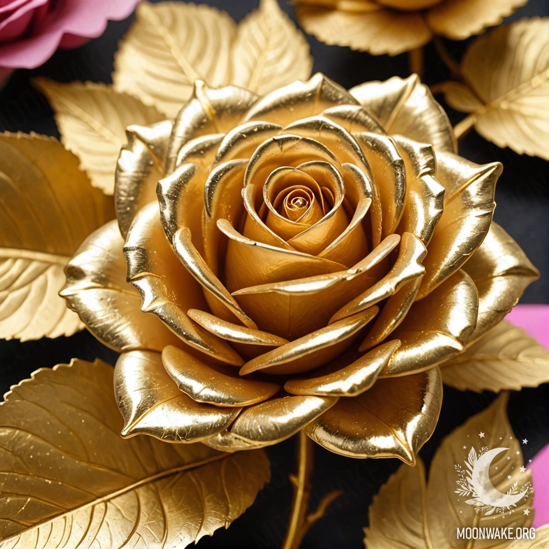 Великолепная роза, выполненная полностью из золота, с золотыми лепестками, стеблем и листьями.