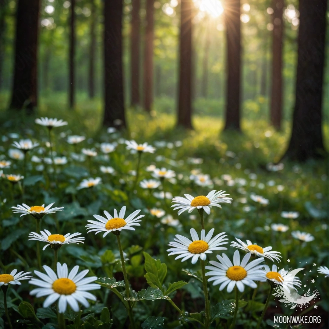 Крупный план ромашек, сверкающих под дождем на фоне заката.