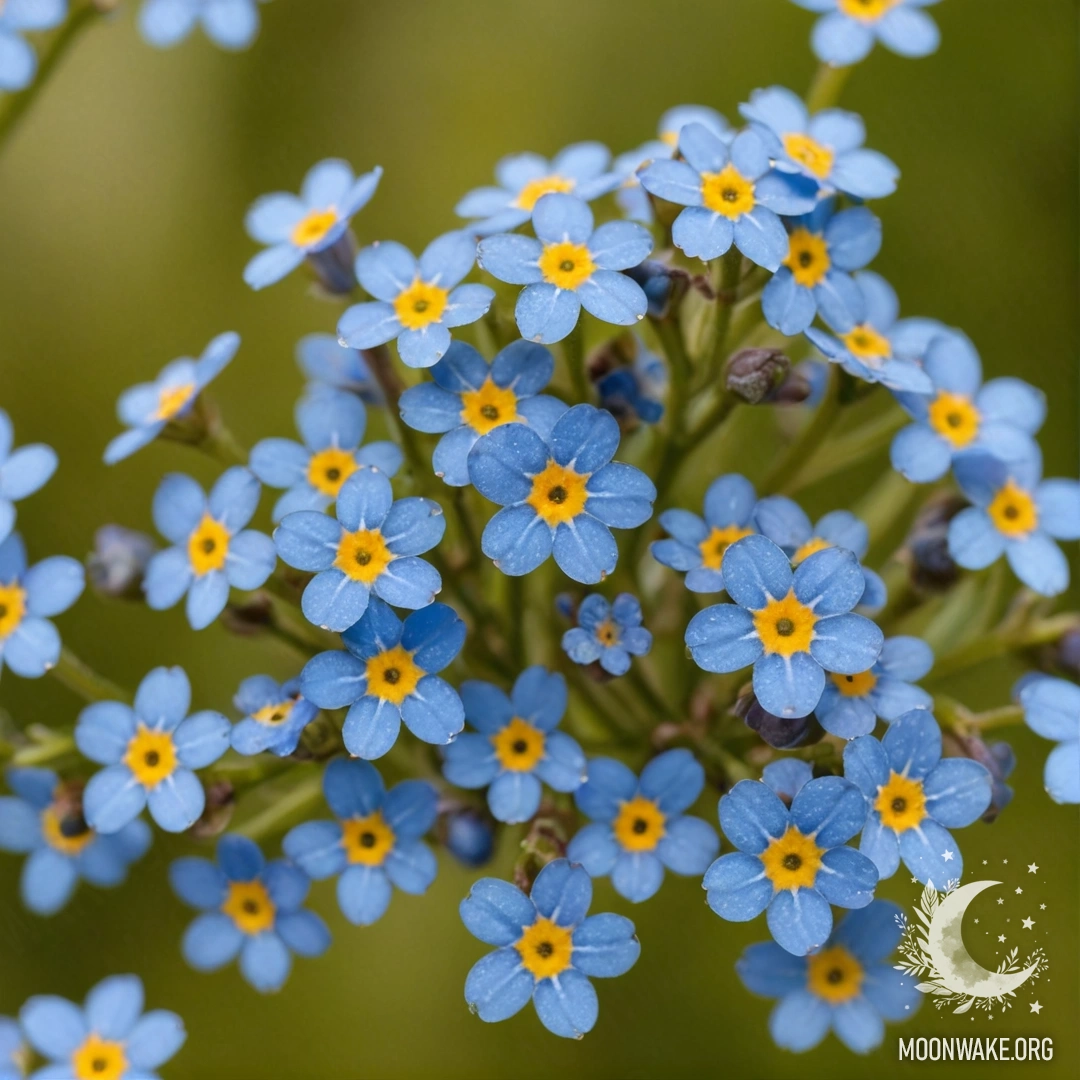 Крупный план золотых незабудок, украшенных сверкающими каплями росы.