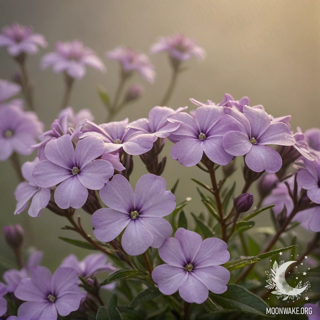 Фотография нежных золотых цветов флокса, появляющихся из мягкого тумана.