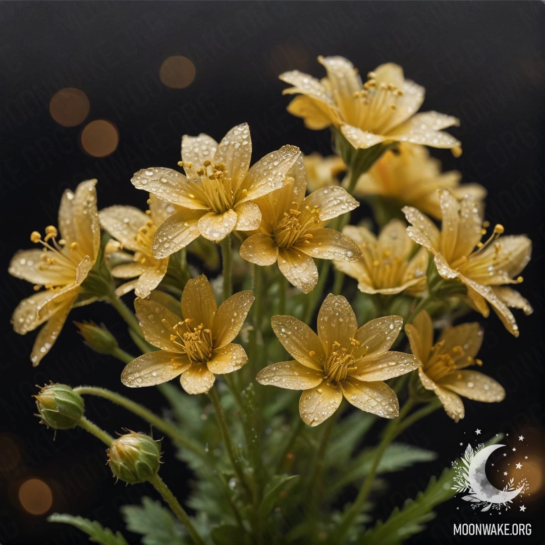 Букет золотых полевых цветов с капельками росы в ночной обстановке.