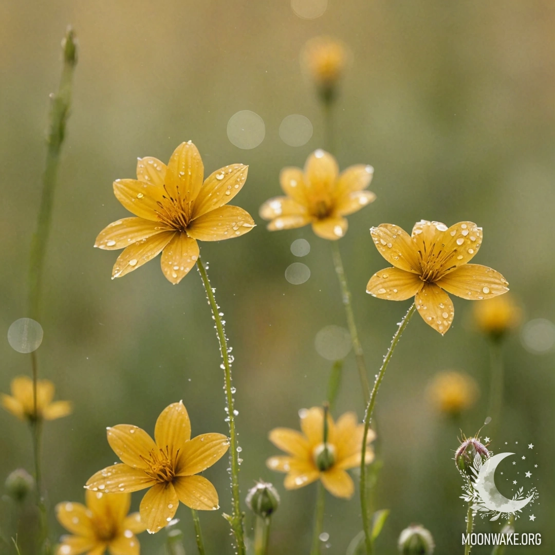 Акварельная живопись с золотыми узорами полевых цветов, украшенными капельками росы.