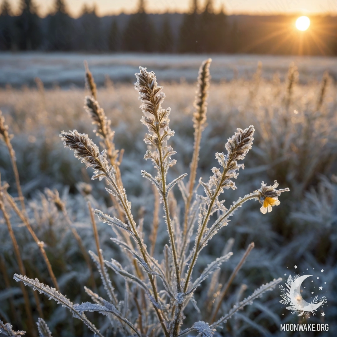 Фотография золотых диких цветов, покрытых морозом на закате, с блеском.