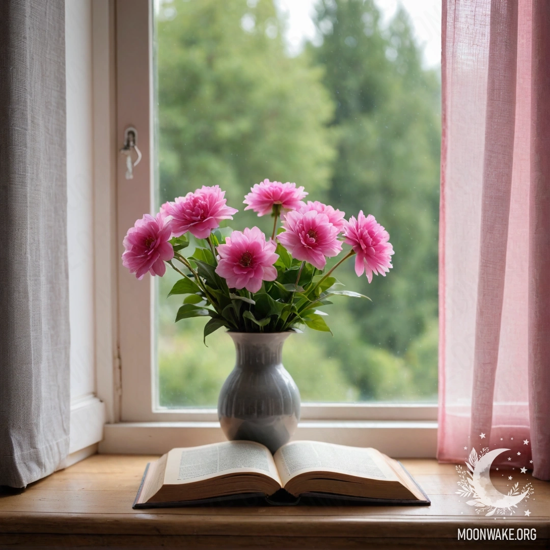 Деревянный подоконник с старой потрёпанной книгой, серой вазой с розовыми цветами и розовой занавеской.