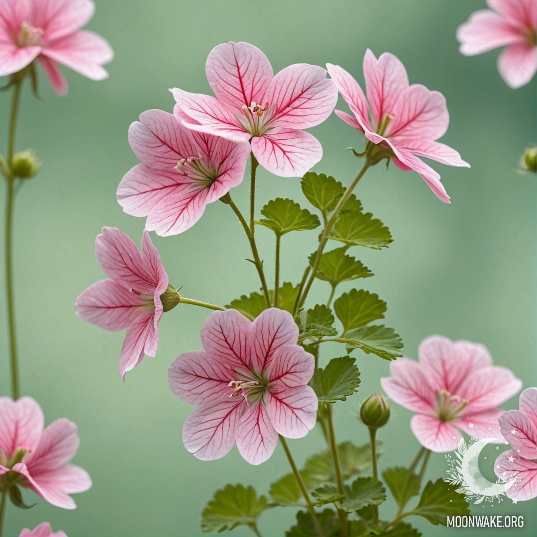 Пастельная картина с минималистичными зелеными узорами герани.