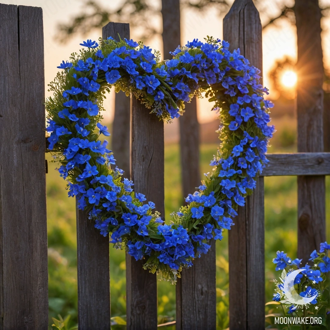Крупный план старого деревянного забора, украшенного венком из голубых цветов в форме сердца, освещённого мягким светом заката.