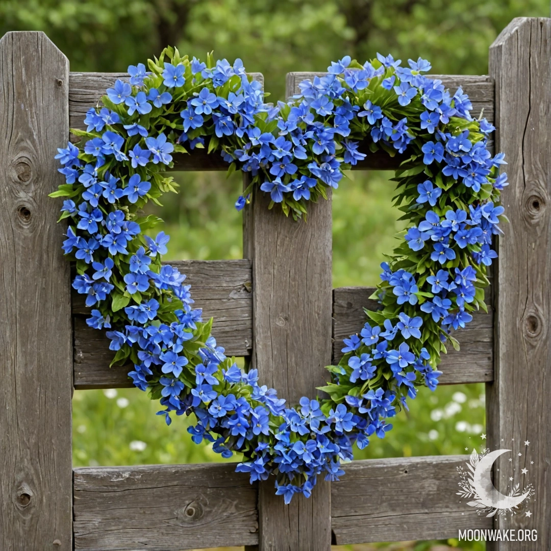 Крупный план старого деревянного забора с гирляндой из синих цветов в форме сердца, висящей на нём.