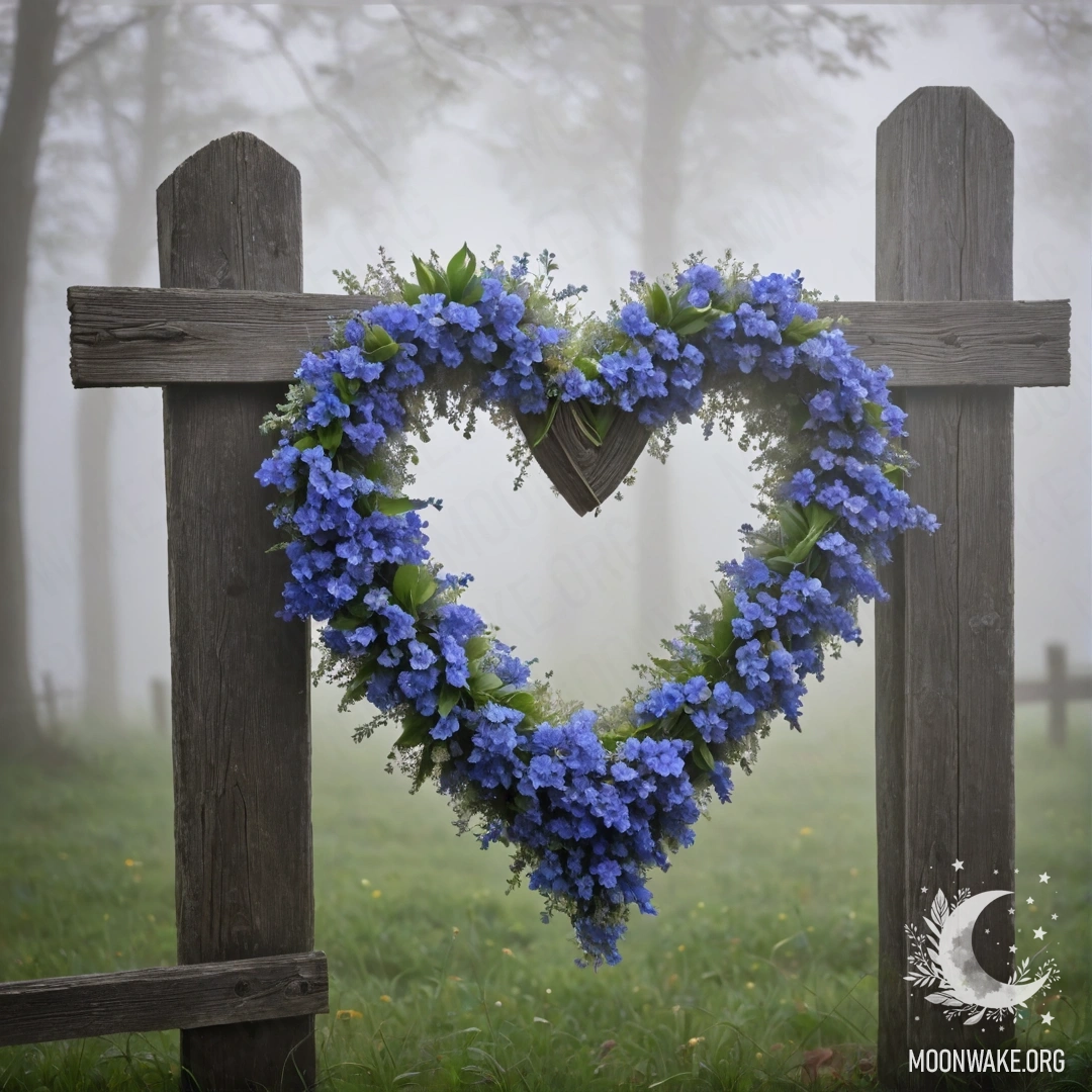 Крупный план старого деревянного забора, украшенного венком из голубых цветов в форме сердца в густом тумане.
