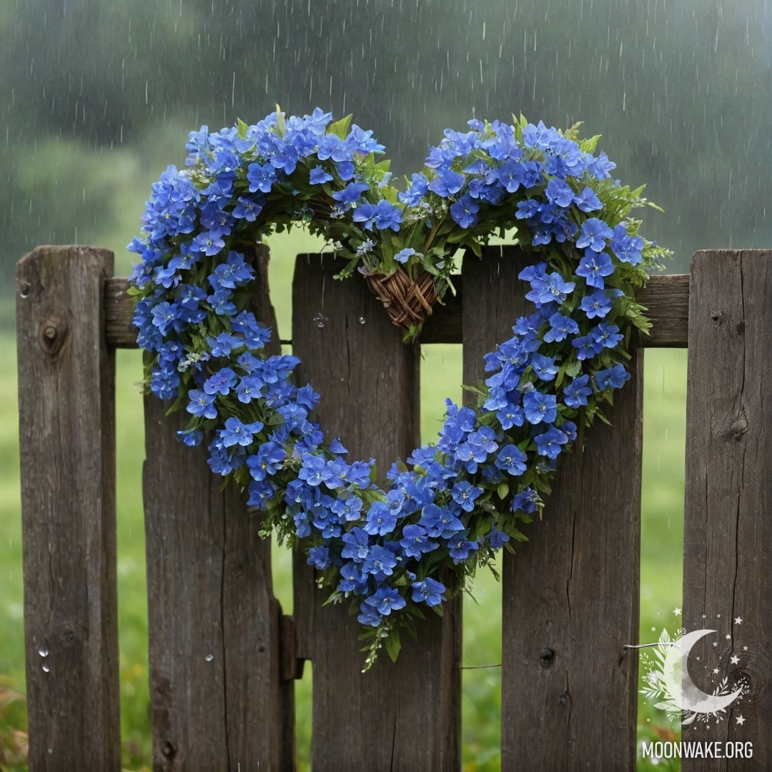 Крупный план старого деревянного забора, украшенного гирляндой из синих цветов в форме сердца под дождем.