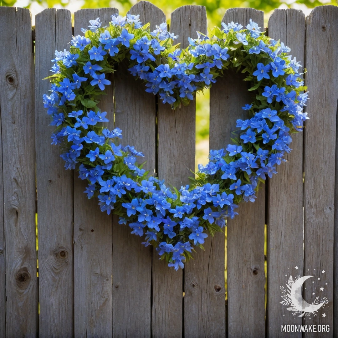 Крупный план старого wooden заборa, украшенного венком из голубых цветов в форме сердца.