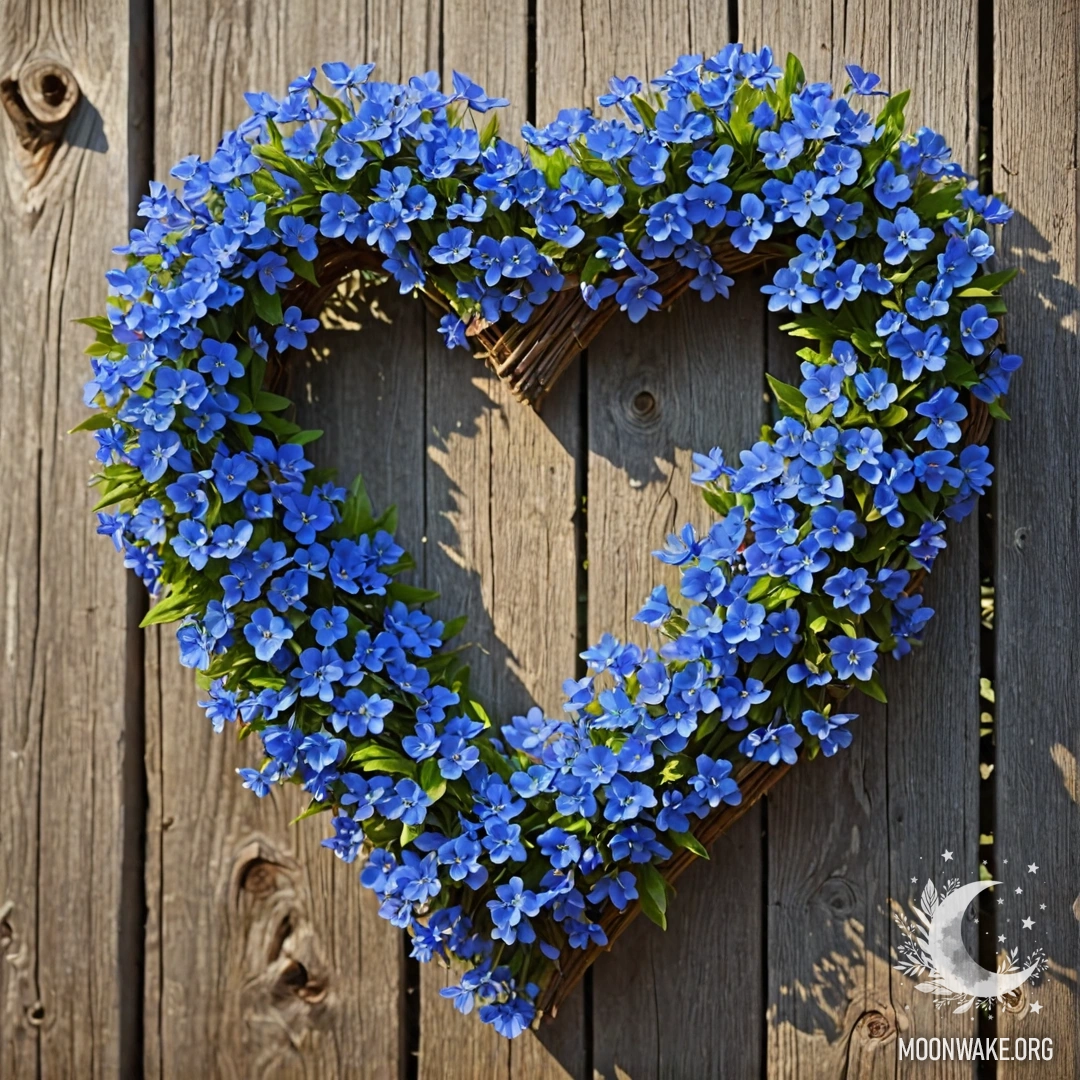 Крупный план старого деревянного забора, украшенного венком из голубых цветов в форме сердца и лучами солнца.