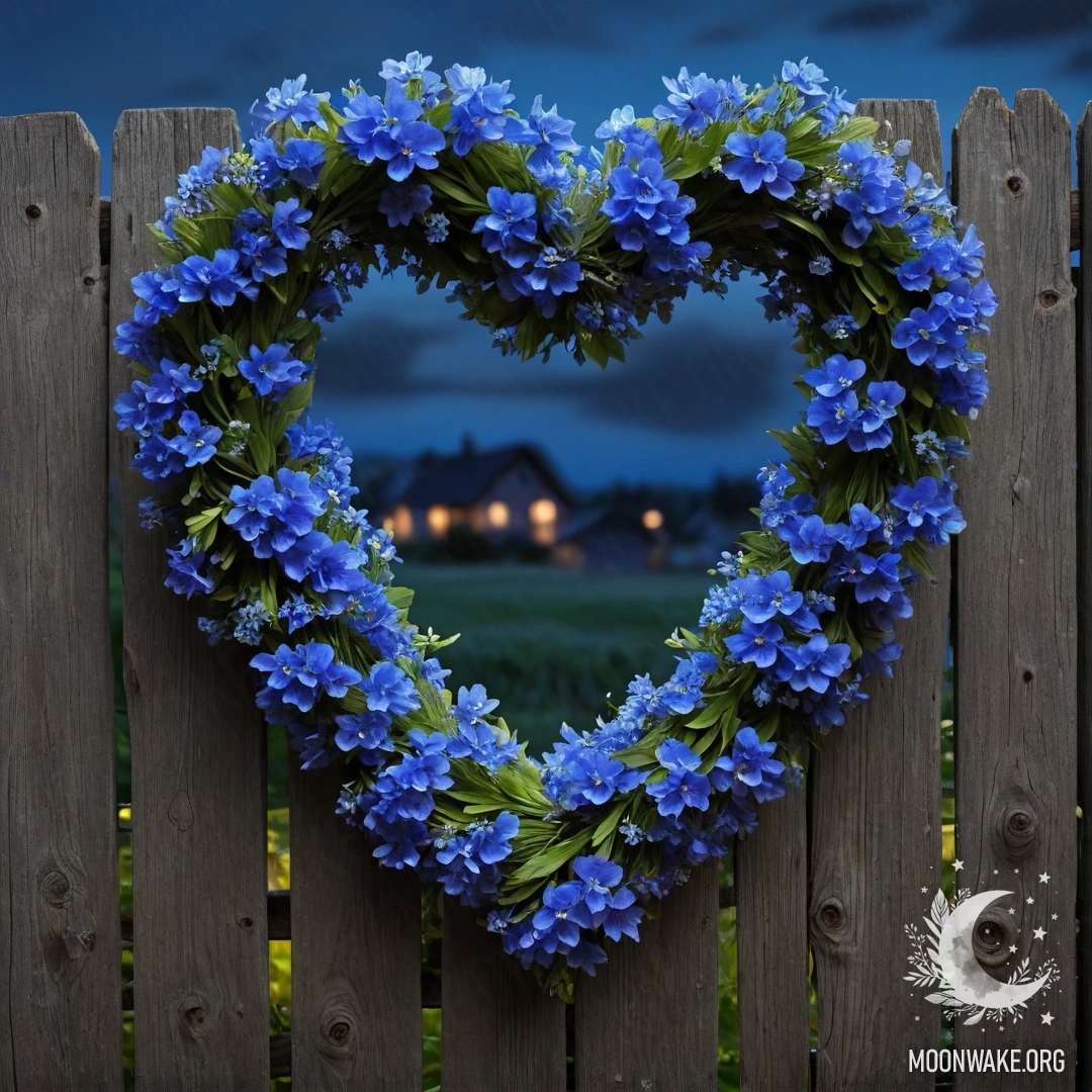 Крупный план старого деревянного забора с венком в форме сердца из голубых цветов, висящим на нем ночью.