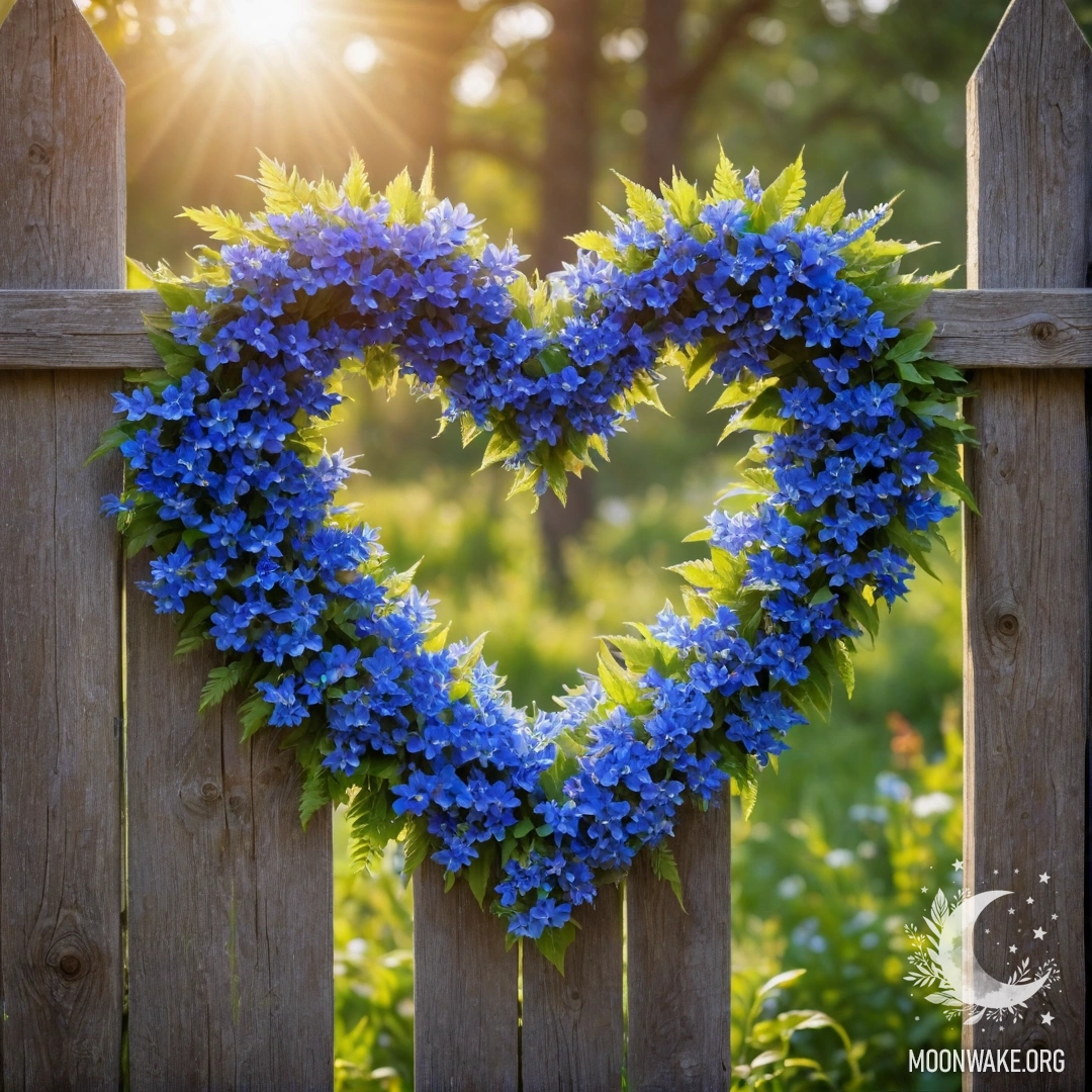 Крупный план старого деревянного забора, украшенного венком из голубых цветов.