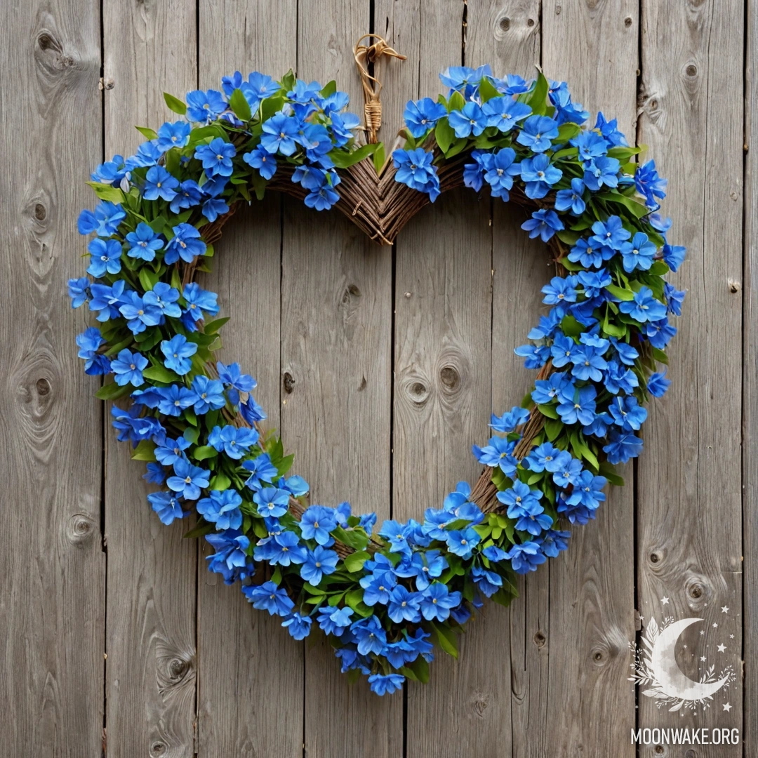 Ближайший план старого деревянного забора, украшенного венком из голубых цветов в форме сердца и мерцающими гирляндами.