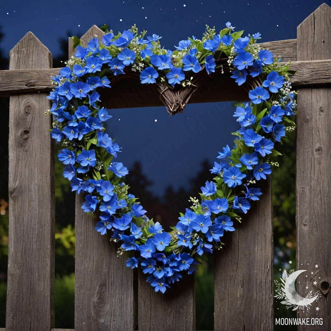 Крупный план старого деревянного забора с венком в форме сердца из синих цветов, снято ночью.