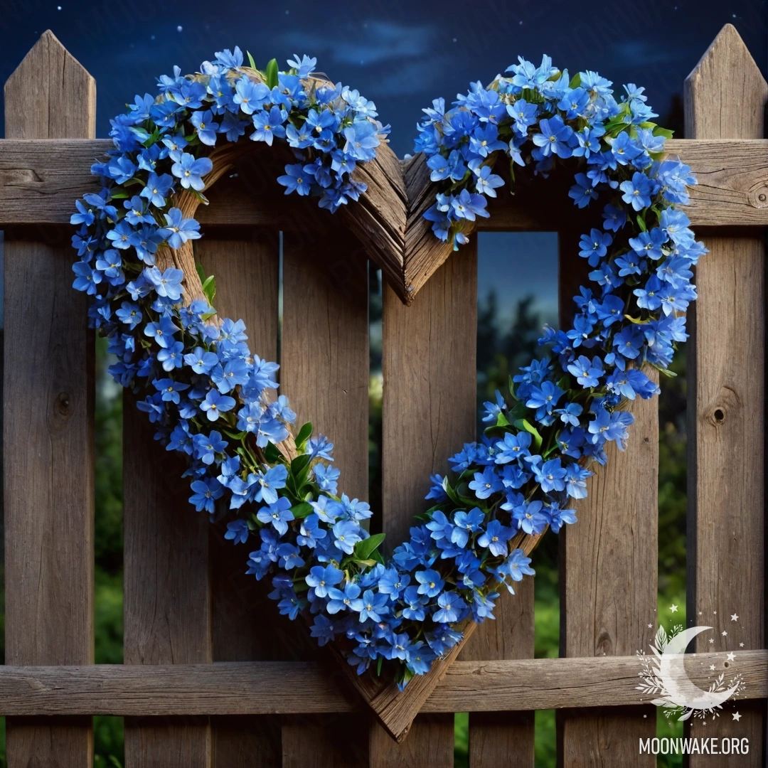 Ближний план деревянного забора, украшенного венком из синих цветов в форме сердца ночью.