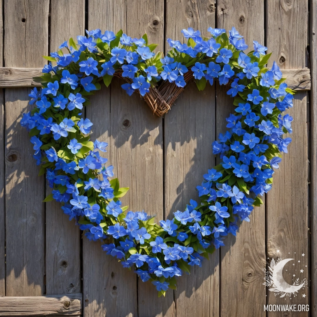Крупный план старого деревянного забора с венком в форме сердца из голубых цветов, освещенным солнечными лучами.