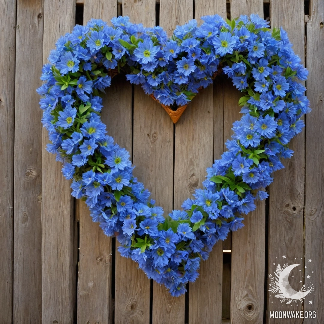 Крупный план старого деревянного забора, украшенного венком в форме сердца из голубых цветов и солнечными лучами.