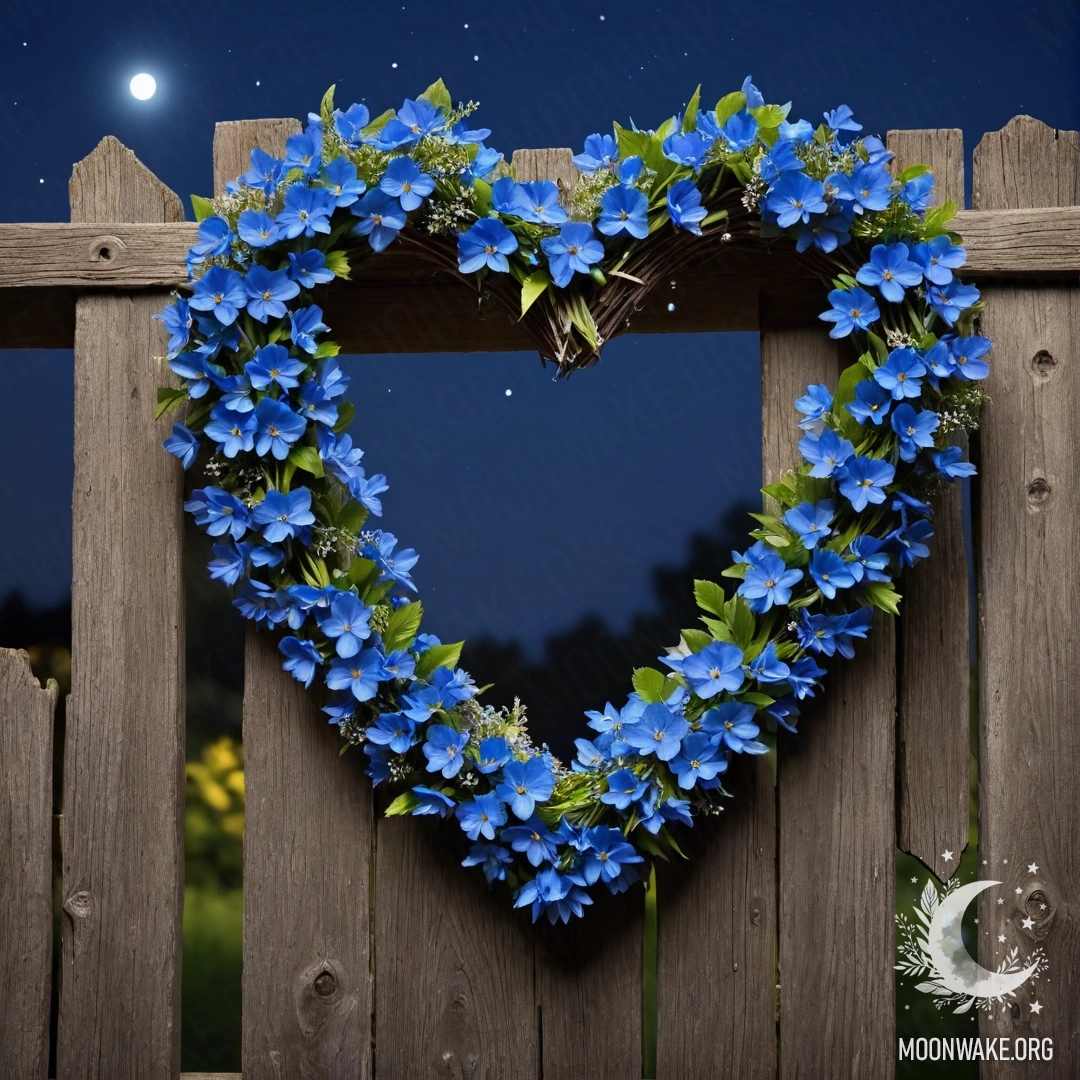 Крупный план старого деревянного забора с венком в форме сердца из голубых цветов, висящим на нем ночью.