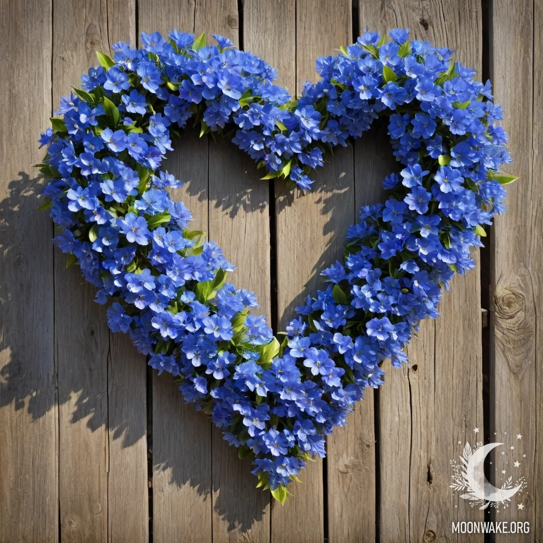 Крупный план старого деревянного забора, украшенного венком из голубых цветов в форме сердца.