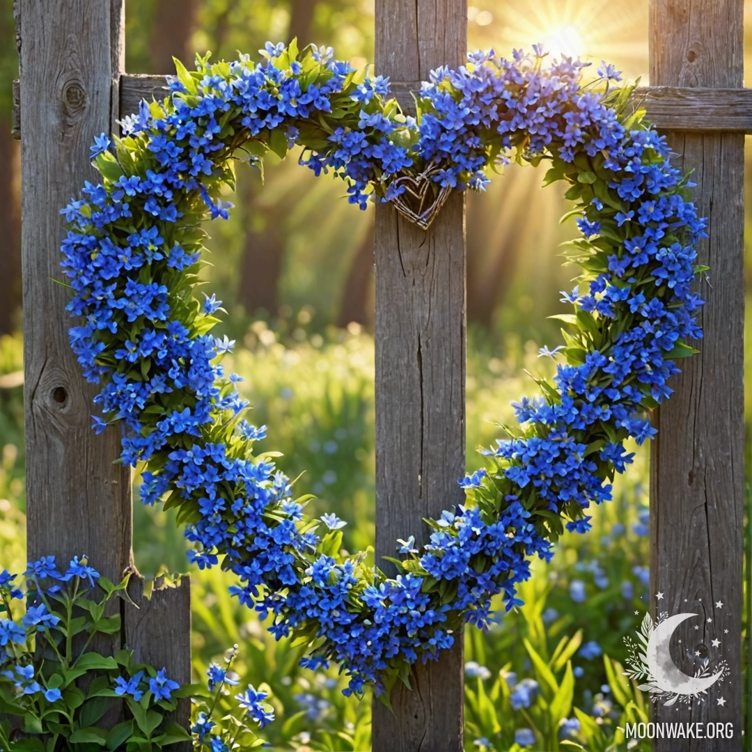 Крупный план старого деревянного забора, украшенного венком в форме сердца из синих цветов и солнечными лучами.
