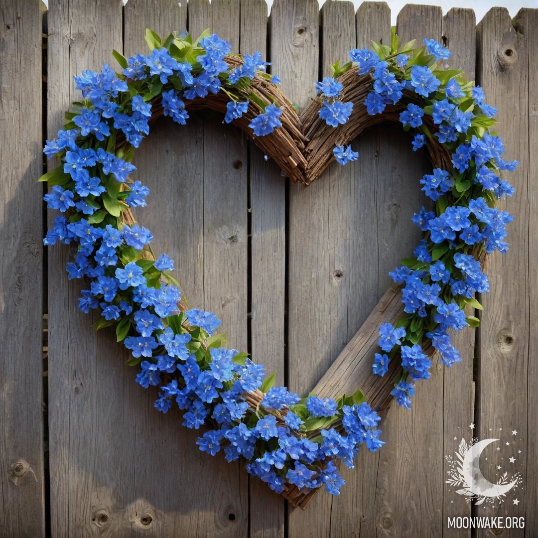 Крупный план старого деревянного забора с венком в форме сердца, украшенным синими цветами и гирляндой огней.