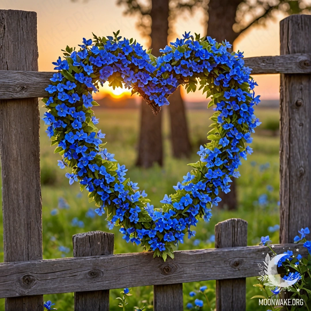 Крупный план старого деревянного забора с венком из синих цветов в форме сердца, освещенным теплым светом заката.
