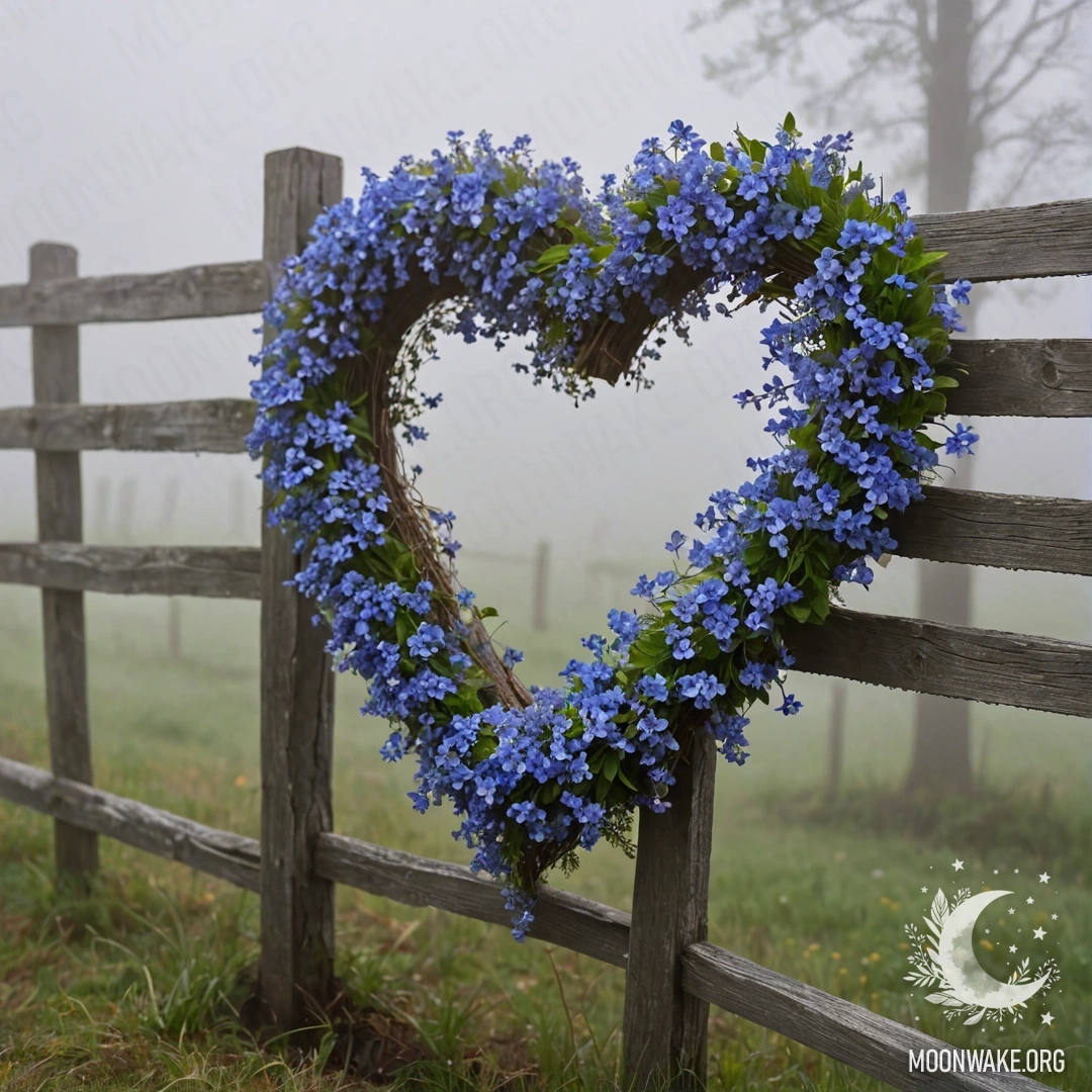 Крупный план старого деревянного забора, украшенного венком из синих цветов в форме сердца, окруженного густым туманом.