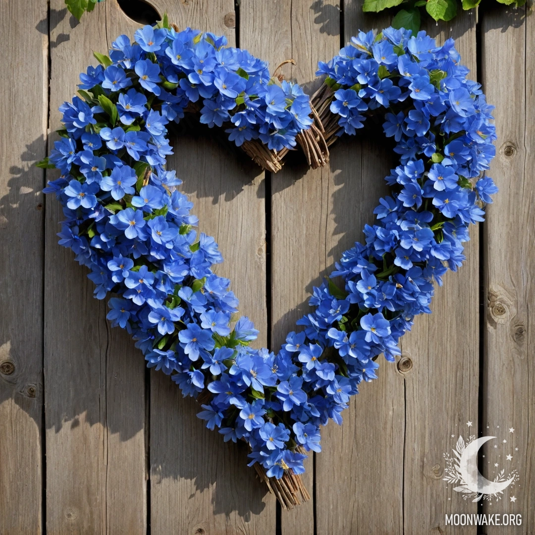 Крупный план старого деревянного забора, украшенного венком из синих цветов в форме сердца.