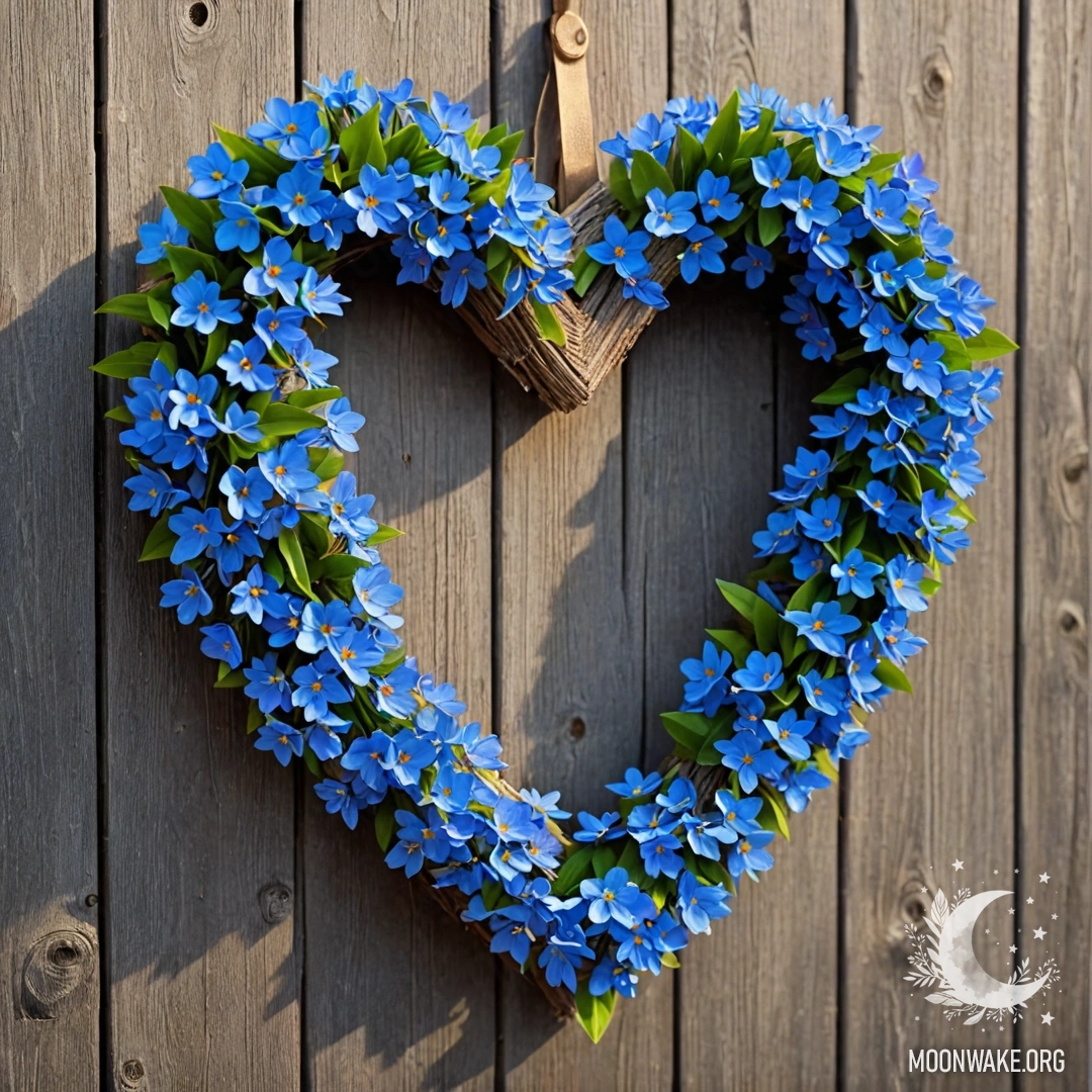 Крупный план старого деревянного забора, украшенного венком в форме сердца из синих цветов и гирляндами.