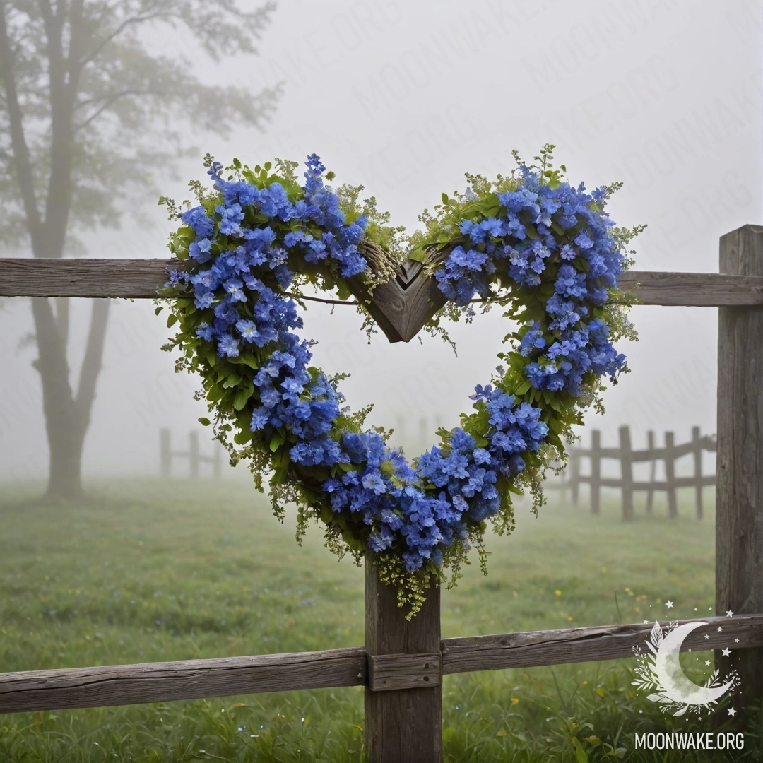 Крупный план старого деревянного забора, украшенного венком в форме сердца из голубых цветов.