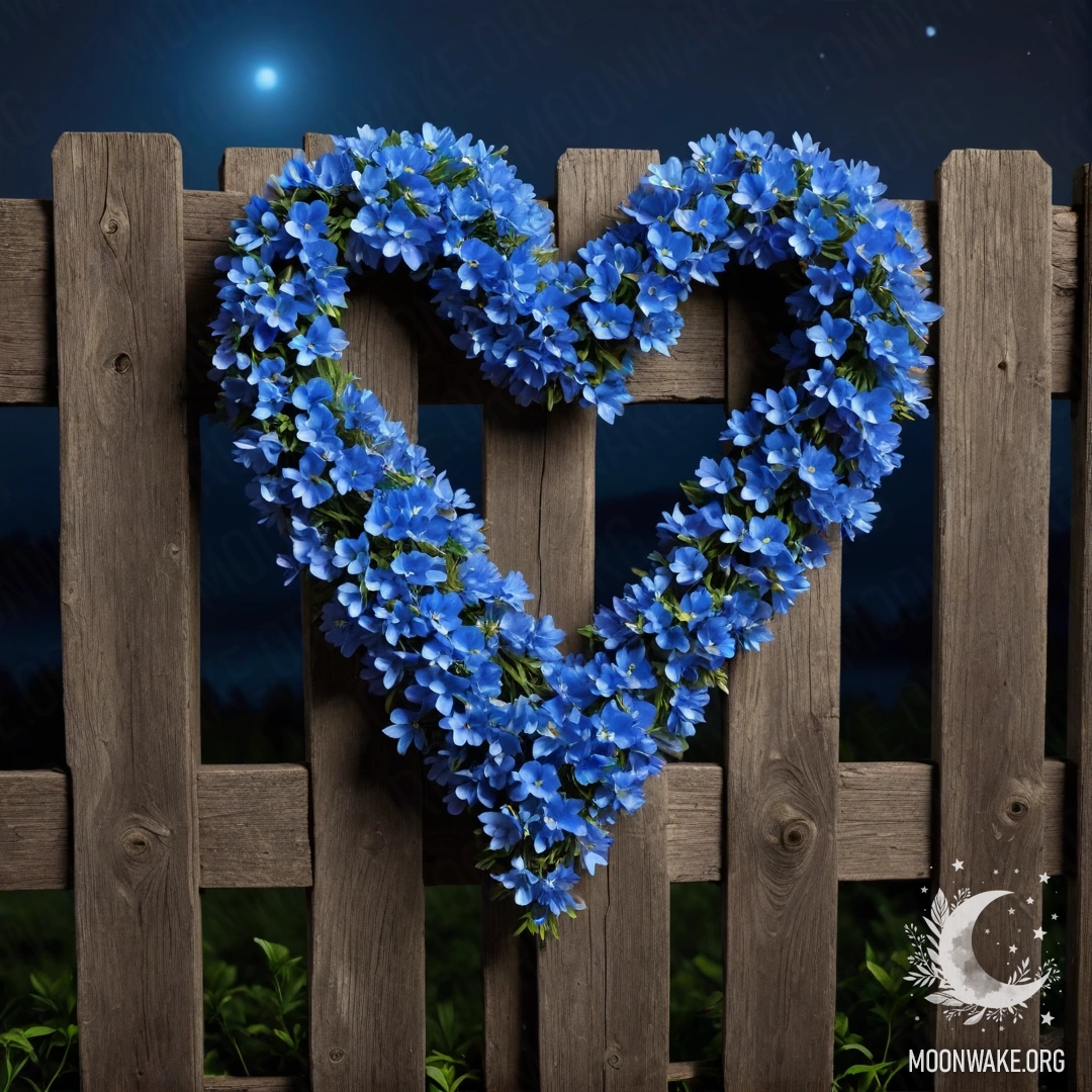 Крупный план старого деревянного забора с венком в форме сердца из голубых цветов ночью.