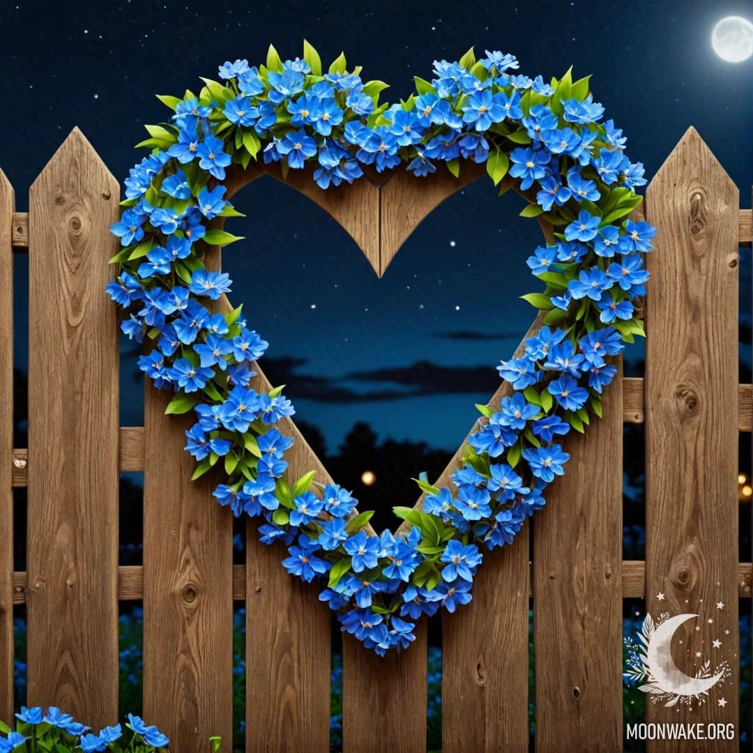Крупный план старого деревянного забора, украшенного венком из синих цветов в форме сердца ночью.