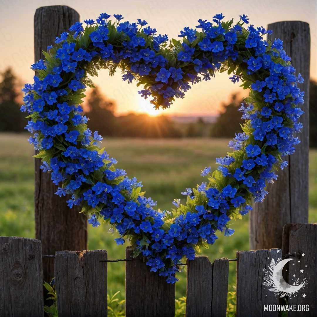 Крупный план старого деревянного забора с венком в форме сердца из голубых цветов, висящим на закате.